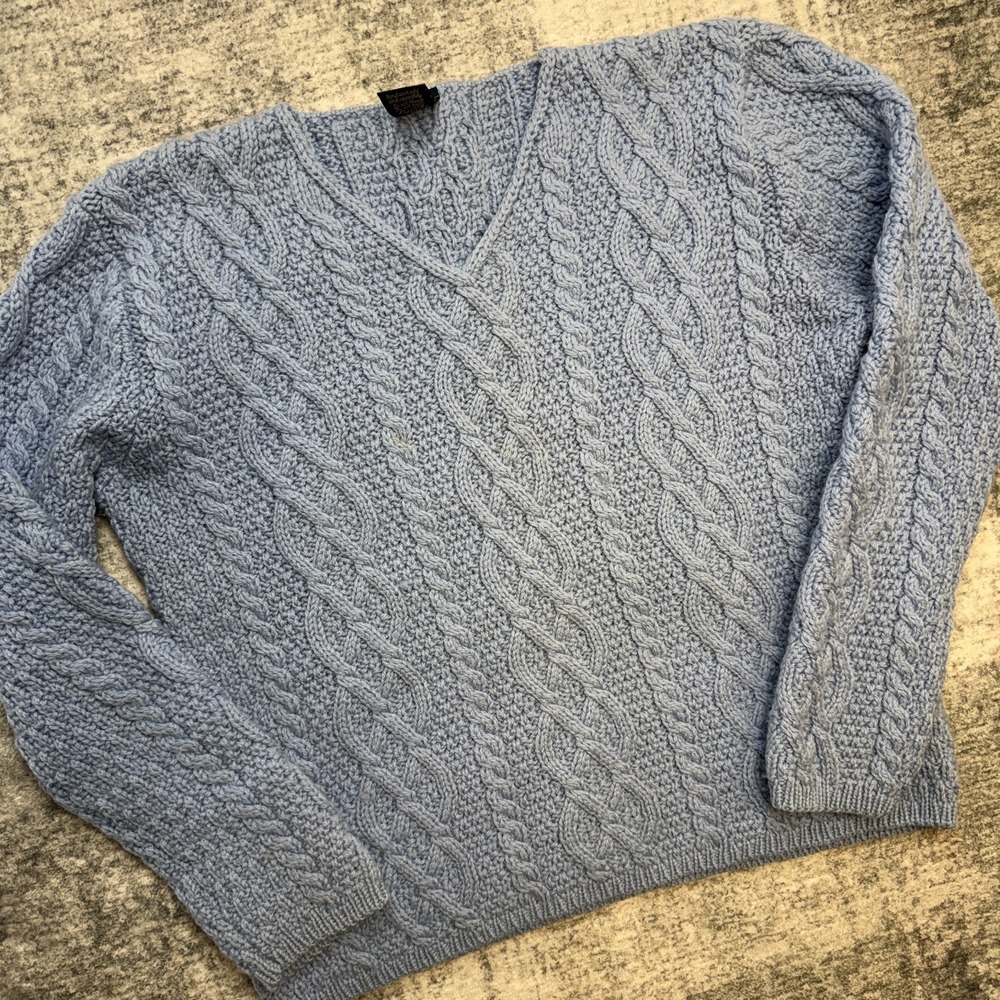VTG Paul James Sweater Women Large Blue Cable Knit Fisherman Wool England V-Neck
